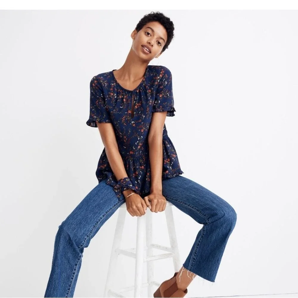 Madewell 100% Silk Stanza Ruffle Hem Peplum Top Moonless Floral Size XS Poetcore